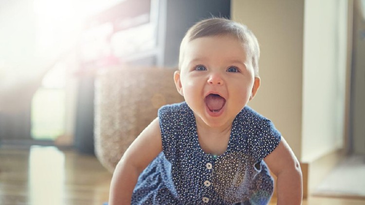 Baby Portrait of baby girl lying on blanket indoors