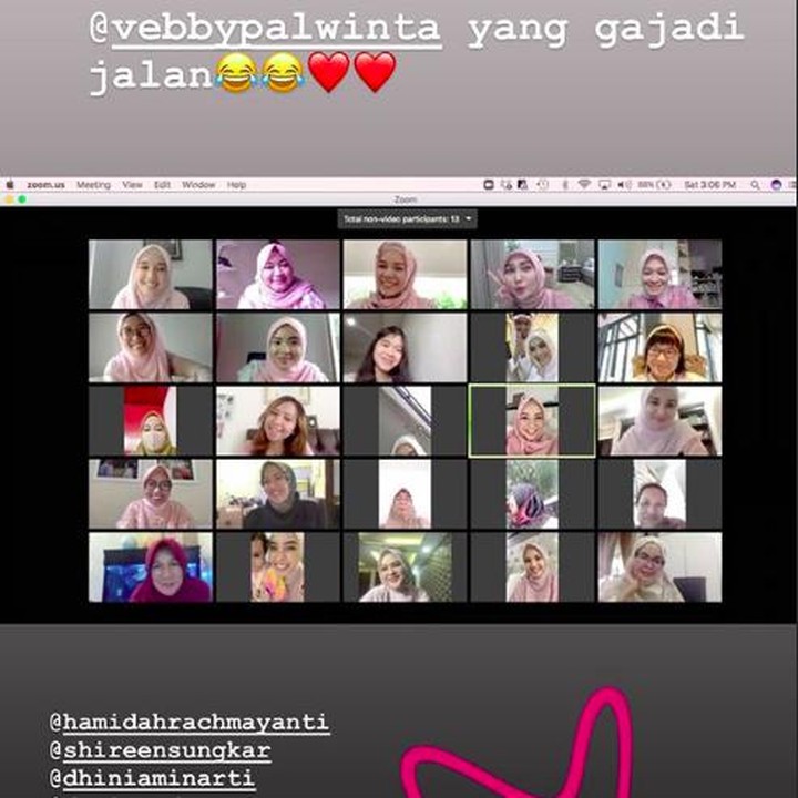 <p>Beberapa sahabat artis Vebby ikut menghadiri pernikahan ini secara virtual. Di antaranya ada Dhini Aminarti, Dewi Sandra, Cut Meyriska, dan Shireen Sungkar. (Foto: Instagram Story @natasharizkynew)</p>