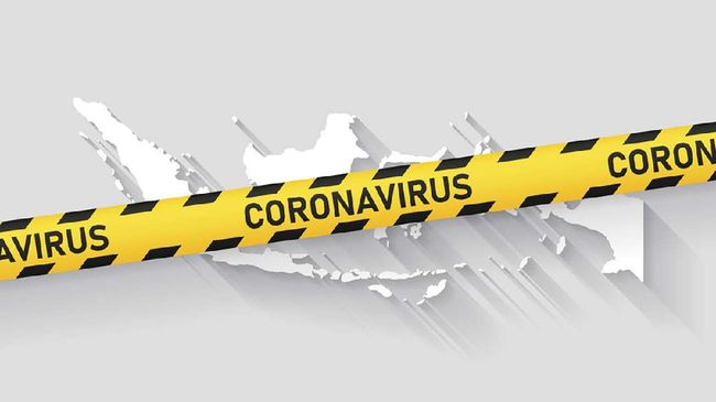 Map of Indonesia with a coronavirus warning tape (COVID-19, 2019-nCoV) isolated on a gray background. The map is white with a long shadow effect and in a flat design style. Conceptual image: coronavirus outbreak on the territory, coronavirus detected, closing of borders, area under control, stop coronavirus, quarantined area, spread of the disease, virus alert, danger zone, confined space. Vector Illustration (EPS10, well layered and grouped). Easy to edit, manipulate, resize or colorize.