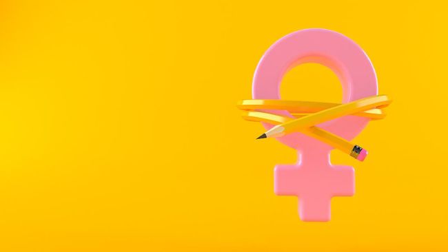 Female gender symbol with pencil isolated on orange background. 3d illustration
