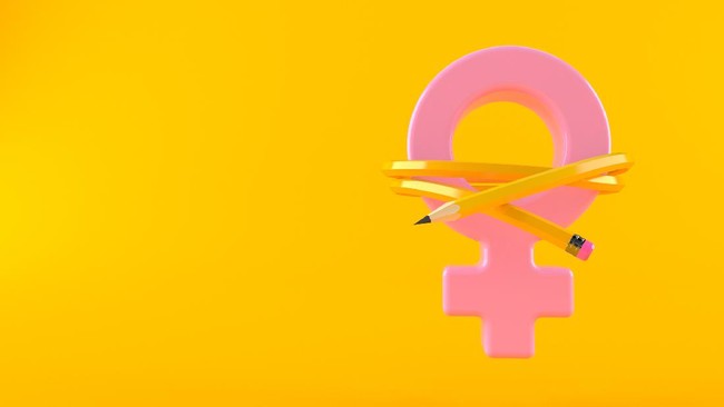 Female gender symbol with pencil isolated on orange background. 3d illustration