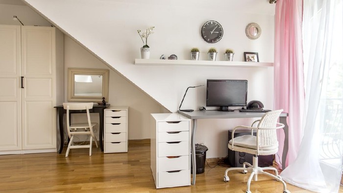 Interior of a new modern apartment in scandinavian style with workplace