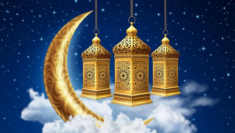 Ramadan kareem background, illustration with arabic lanterns and golden ornate crescent, on starry background with clouds. EPS 10 contains transparency.