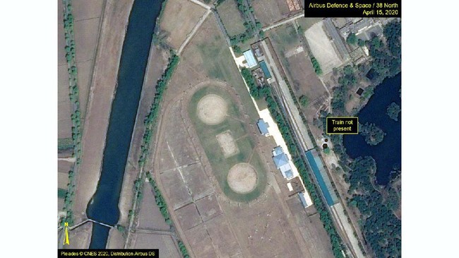This Wednesday, April 15, 2020, satellite image provided by Airbus Defence & Space and annotated by 38 North, a website specializing in North Korea studies, shows Leadership Railway Station in Wonsan, North Korea.  North Korean leader Kim Jong Un's train has been parked at the Leadership Railway Station servicing his Wonsan compound since at least April 21, the website 38 North said Saturday, April 25, citing an analysis of recent satellite photos of the area. The website said that the approximately 250-meter (820-foot) -long train wasn’t present on April 15 but was present on both April 21 and 23.(Airbus Defence & Space and 38 North, Pleiades©CNES 2020, Distribution Airbus DS via AP)