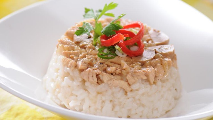 Nasi Tim Ayam Jamur is Traditional Food from Indonesian.