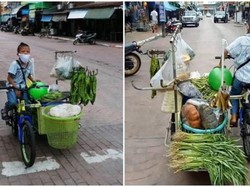 Semangat! Bocah 10 Tahun Ini Jual Sayur Keliling untuk Bantu Kakek Neneknya