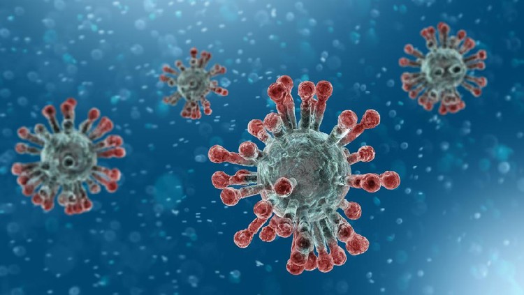 Microscopic view of Coronavirus, a pathogen that attacks the respiratory tract. Analysis and test, experimentation. Sars. 3d render