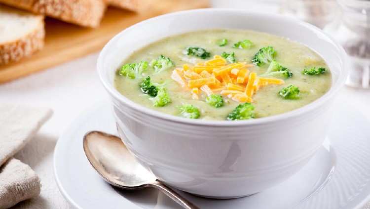 Bowl of homemade soup with organic broccoli