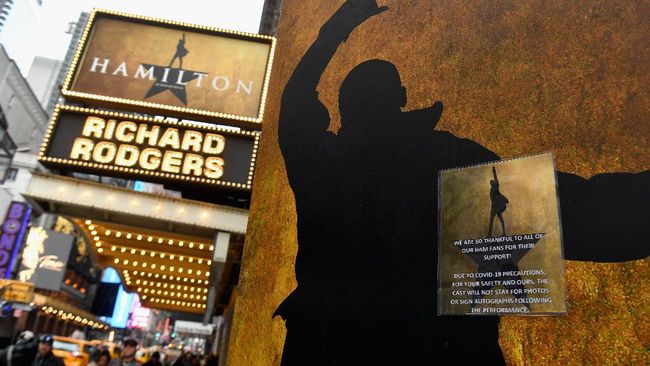 (FILES) In this file photo taken on March 12, 2020 signage of the Broadway play 