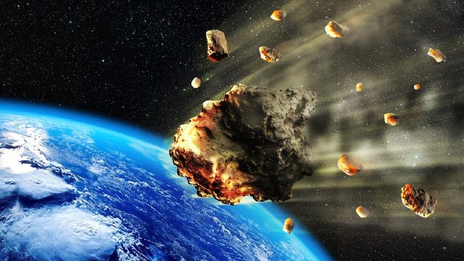 3D rendering of a swarm of Meteorites or asteroides entering the Earth atmosphere.