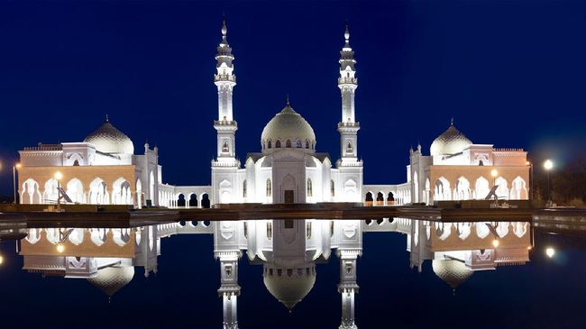 white mosque of bulgarians at night in the light of lanterns. Bolgar, Kazan, Tatarstan,Russia. Bolgar, Kazan, Tatarstan,Russia