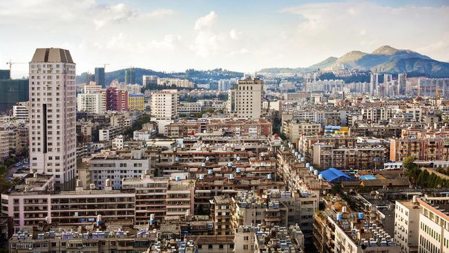 High angle panorama of Kunming skyline, capital of Yunnan Province in China