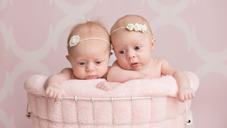 Bayi kembar Seven week old fraternal, twin baby girls sleeping on a white flokati rug.