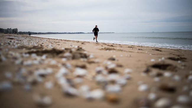 A man jogs on the beach in La Baule, western France, on May 13, 2020, as it reopens after France eased lockdown measures taken to curb the spread of the COVID-19 pandemic, caused by the novel coronavirus. - The beach in La Baule is one of the first few beaches to reopen on May 13, 2020 following France's 55 days lockdown taken to curb the spread of the COVID-19 pandemic. (Photo by Loic VENANCE / AFP)