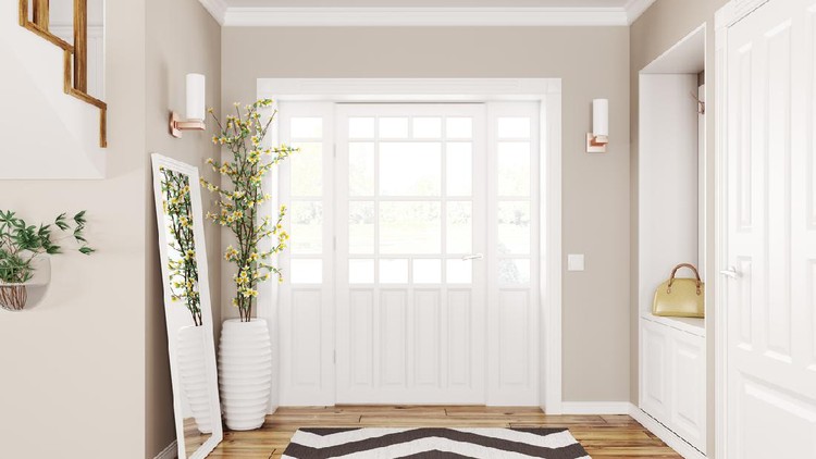 area masuk rumah minimalis Modern hallway interior with frame, hanging umbrella and shoe cabinet