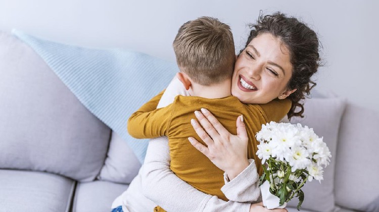 1136025918 Little boy and Mother Happy Together. Boy Gift Mother Flowers. Love with Mother and Son. Care Boy with Mom. Romantic Day Happiness and Mother Happy that Gift Flowers. Happy Holiday 8 Marth.