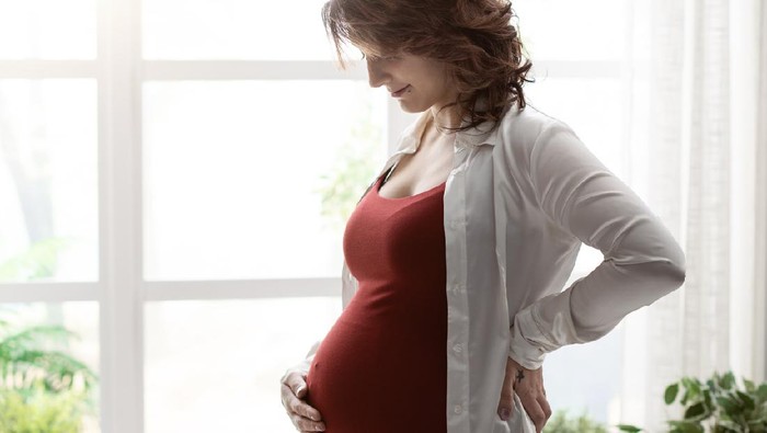 Young happy pregnant mother posing next to a window at home and touching her belly