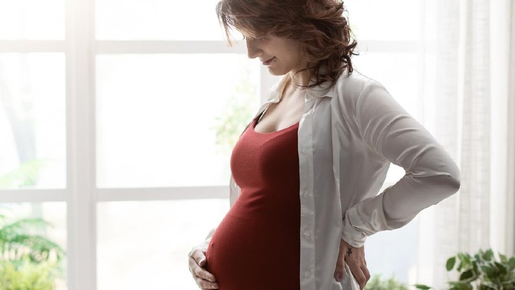 Young happy pregnant mother posing next to a window at home and touching her belly