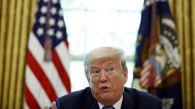President Donald Trump speaks during the presentation of the United States Space Force Flag  in the Oval Office of the White House, Friday, May 15, 2020, in Washington. (AP Photo/Alex Brandon)