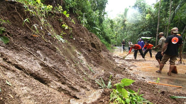 Petugas Badan Penanggulangan Bencana Daerah (BPBD) Banyuwangi membersihkan lumpur yang menutupi jalan akibat longsor di Desa Kluncing, Licin, Banyuwangi, Jawa Timur, Senin (18/5/2020). Tanah longsor di kaki Gunung Ijen yang menyebabkan akses jalan penghubung Desa Pakel dengan Desa Kluncing itu terjadi akibat intensitas hujan deras yang mengguyur kawasan tersebut sejak pagi hingga sore hari. ANTARA FOTO/Budi Candra Setya/pras.