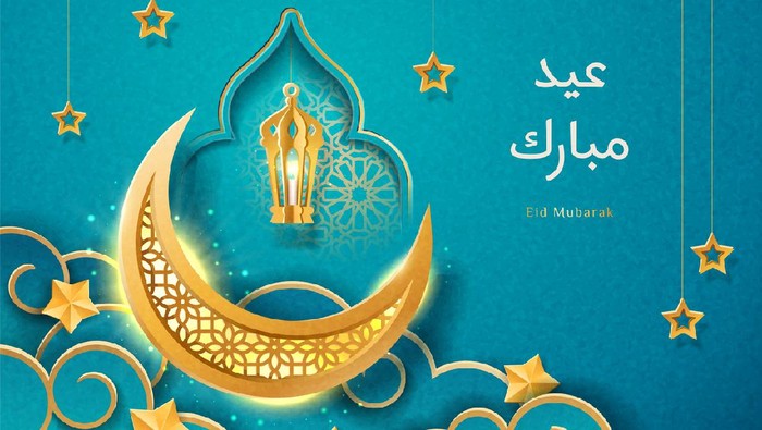 Ornament background for ramadan kareem or Eid al Adha festival. Eid-al-Fitr or Hari Raya, iftar greeting card with crescent and lantern, stars and candle. Eid Mubarak text translated Blessed Feast