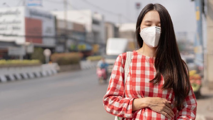 Ilustrasi wanita hamil pakai masker