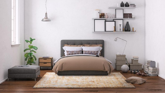 Modern bedroom interior, with bed, night tables, lamps, and many details around. Many books and decoration, wall is rich in texture. Copy space background template render