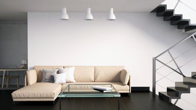 Mock up wall in interior with stairs and sofa. living room hipster style. 3d illustration
