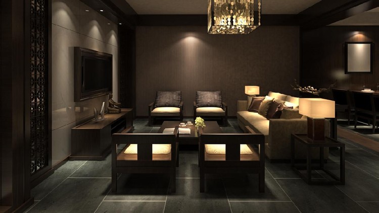 Chinese style designed living room interior at night. (3d render)