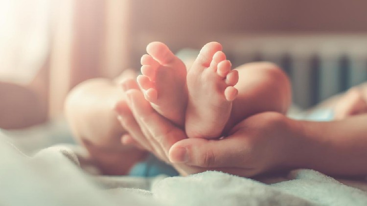 Feet of new born Baby in Hands of parents
