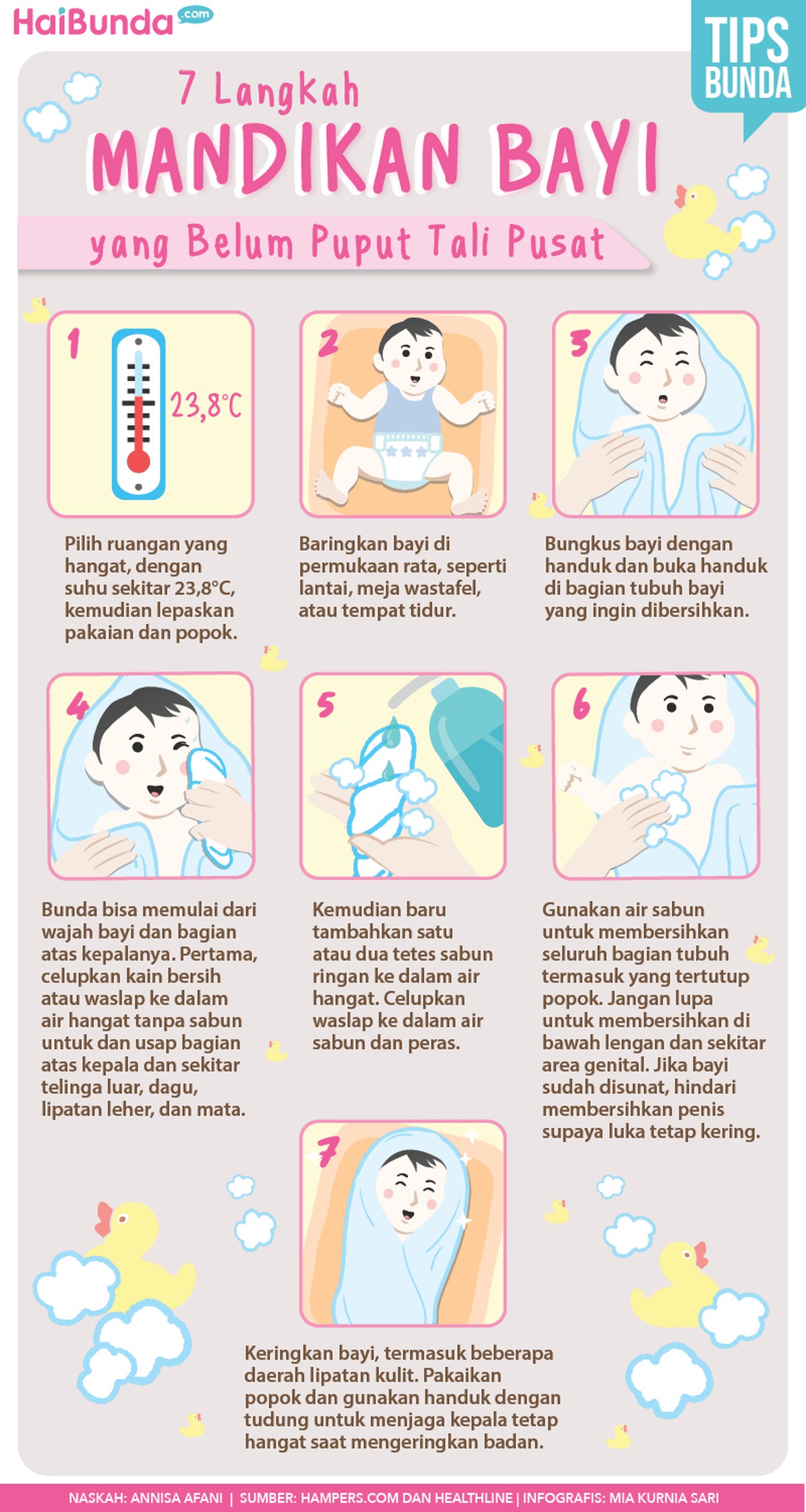 Infografis Infografis 7 langkah memandikan bayi yang belum puput tali pusat.