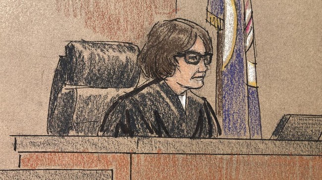 In this courtroom sketch, Hennepin County Judge Jeannice M. Reding presides over a hearing in Minneapolis, Monday, June 8, 2020, for former Minneapolis police officer Derek Chauvin. Reding kept bail at $1 million for Chauvin who is charged with second-degree murder in George Floyd's death. (Cedric Hohnstadt via AP)