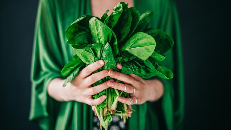 Young woman holding spinach leafs salad