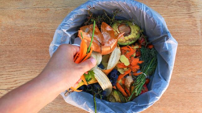 Domestic waste for compost from fruits and vegetables. Woman  throws garbage.
