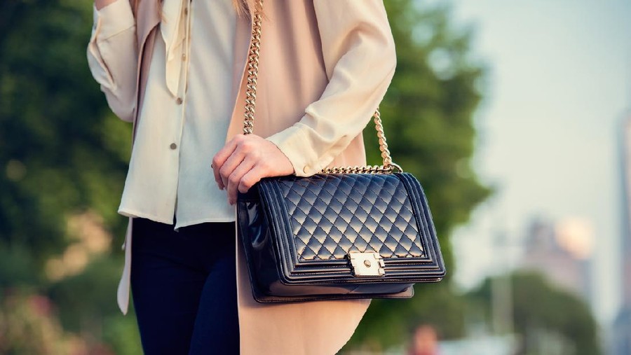 Woman carrying elegant purses bag at city park