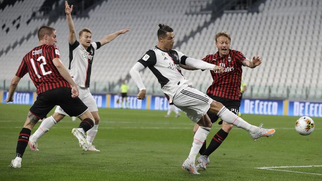 Juventus' Cristiano Ronaldo gets in a shot during an Italian Cup second leg soccer match between Juventus and AC Milan at the Allianz stadium, in Turin, Italy, Friday, June 12, 2020. The match was being played without spectators because of the coronavirus lockdown. (AP Photo/Luca Bruno)