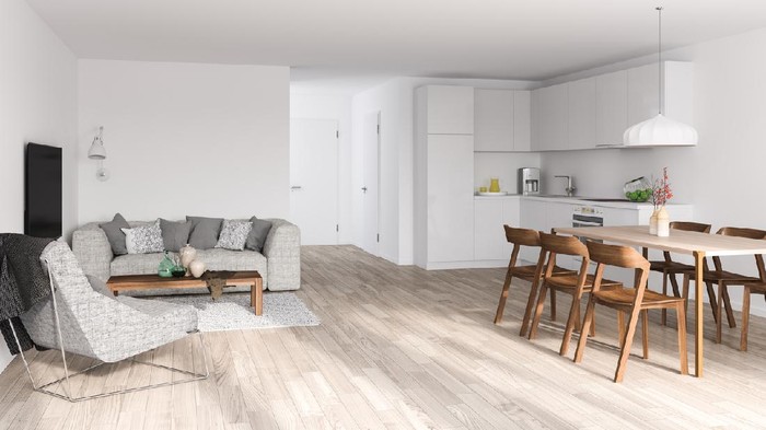 Modern interior cozy kitchen, dining room, white furniture, lamps, wooden table, red wine, glasses. Concept decor, design, advert, credit, mortgage, house for young family, magazine cover