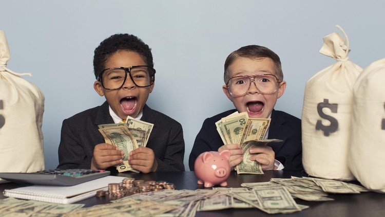 A couple of young businessmen are astounded by the profits coming in.