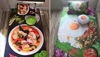 Yummy! Sprei Kasur Bergambar Sup dan Nasi Pincuk 3 D Ini Bikin Lapar