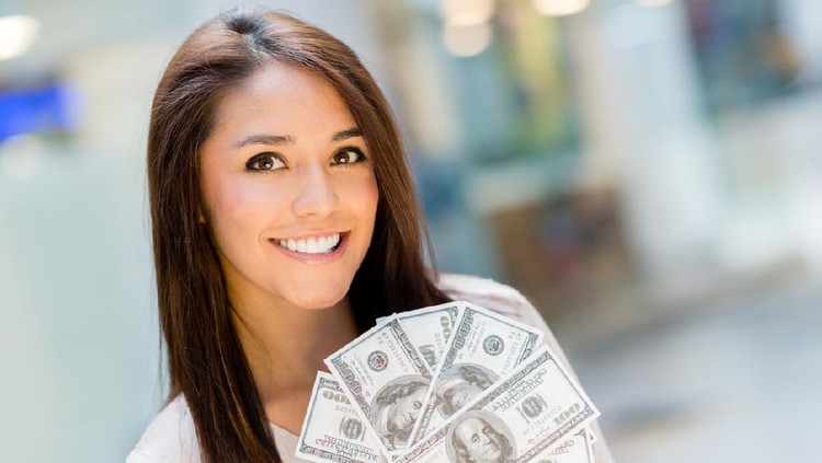 happy Asian woman hand holding smart phone and banknotes ,make money online concept