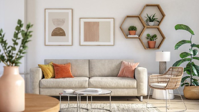 Bohemian living room interior 3d render with  beige colored furniture and wooden elements