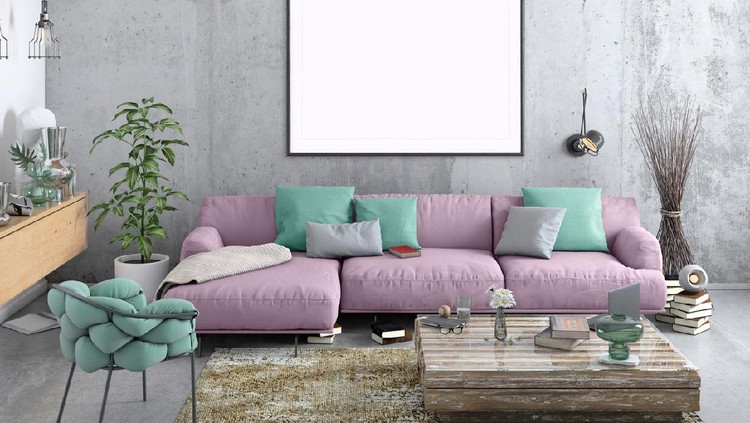 rumah minimalis Modern Nordic style apartment interior. Large pastel colored sofa with armchair. Concrete textured wall with picture frame template for copy space. Books, plant and lots of other details. Designer artist background template.