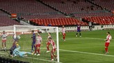 Barcelona vs Atletico Madrid FC Barcelona score the opening goal during the Spanish La Liga soccer match between FC Barcelona and Atletico Madrid at the Camp Nou stadium in Barcelona, Spain, Tuesday, June 30, 2020. (AP Photo/Joan Monfort)