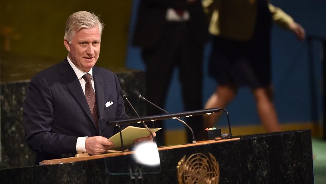 King Philippe of Belgium speaks during the opening session of the 72nd High-level Meeting on Peacebuilding and Sustaining Peace at United Nations Headquarters in New York, on April 24, 2018. (Photo by HECTOR RETAMAL / AFP)