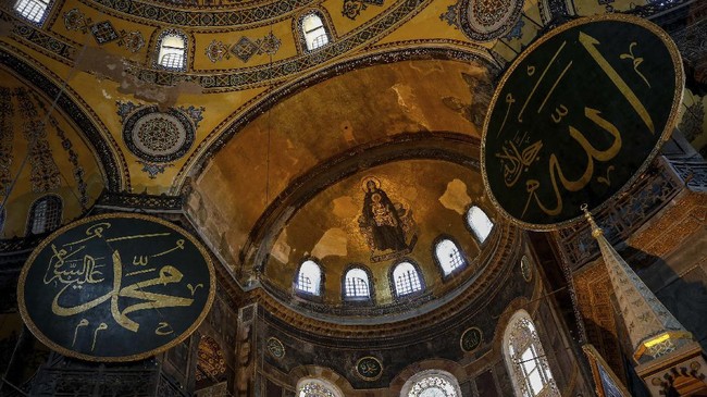 A view of the Byzantine-era Hagia Sophia, one of Istanbul's main tourist attractions in the historic Sultanahmet district of Istanbul, Thursday, June 25, 2020. The 6th-century building is now at the center of a heated debate between conservative groups who want it to be reconverted into a mosque and those who believe the World Heritage site should remain a museum. (AP Photo/Emrah Gurel)