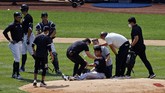 masahiro tanaka New York Yankees pitcher Masahiro Tanaka is tended to by team medical personnel after being hit by a ball off the bat of Yankees Giancarlo Stanton during a baseball a workout at Yankee Stadium in New York, Saturday, July 4, 2020. (AP Photo/Adam Hunger)