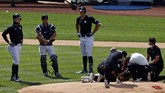 masahiro tanaka New York Yankees pitcher Masahiro Tanaka is tended to by team medical personnel after being hit by a ball off the bat of Yankees Giancarlo Stanton, left, during a baseball a workout at Yankee Stadium in New York, Saturday, July 4, 2020. (AP Photo/Adam Hunger)