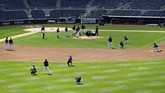 masahiro tanaka The New York Yankees team reacts after pitcher Masahiro Tanaka was hit in the head by a baseball during a team workout at Yankee Stadium in New York, Saturday, July 4, 2020. (AP Photo/Adam Hunger)