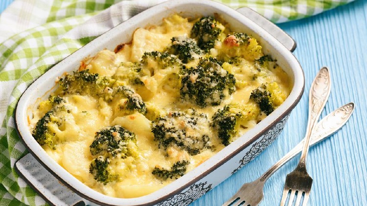 Casserole with broccoli, potatoes, eggs and cheese.