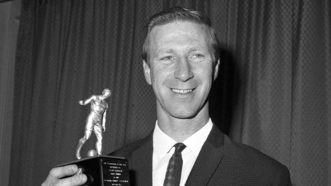 FILE - In this May 18, 1967 file photo Leeds United's England international Jack Charlton holds his award after being elected Footballer of the Year by the Football Writers' Association at the Association's annual dinner at the Cafe Royal, London.  Jack Charlton, who won the World Cup with England in 1966, has died it was announced on Saturday July 11, 2020. He was 85. (PA via AP)